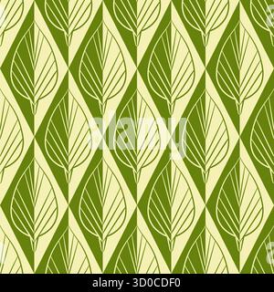 Monochrome green leaves vertical seamless pattern. Classic geometrical design. Vintage leaves background vector illustration. Diagonal rhombuses mosai Stock Vector