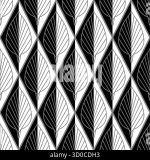Monochrome leaves vertical seamless pattern. Classic black white design. Vintage leaves background vector illustration. Diagonal rhombuses mosaic tile Stock Vector