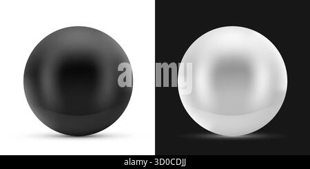 Glossy black and white spheres on contrasting backgrounds. Elegant 3D abstract objects. Vector illustration Stock Vector