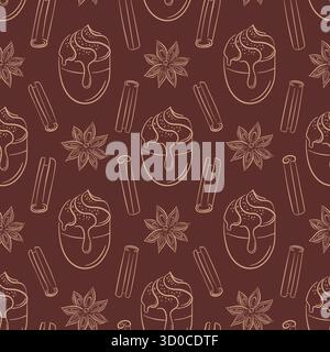Seamless pattern with cinnamon stick star anise and coffee cup topped with cream and spice in line art style. Ideal for delivery package, bakery Stock Vector
