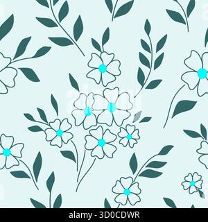 Seamless pattern with leaves. Wild flowers in ethnic style. Pattern on blue background. Hand drawing vector illustration. Graphic design of spring flo Stock Vector