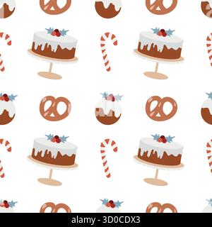 Seamless Christmas pattern with sweets. Background with traditional winter sweets on a white background. Lollipops, caramels, candy canes, cakes, and bagels. Simple flat vector illustration. Stock Vector