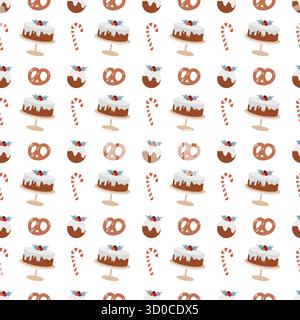 Seamless Christmas pattern with sweets. Background with traditional winter sweets on a white background. Lollipops, caramels, candy canes, cakes, and bagels. Simple flat vector illustration. Stock Vector