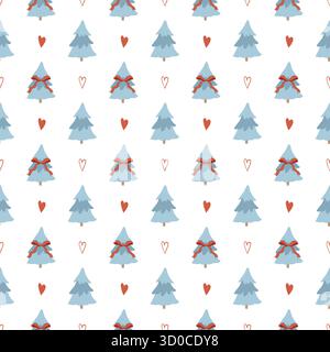 Seamless winter pattern with a cute Christmas tree, bows, and hearts. Festive retro vector background. Vector flat illustration with blue trees and red bows on a white background. Stock Vector