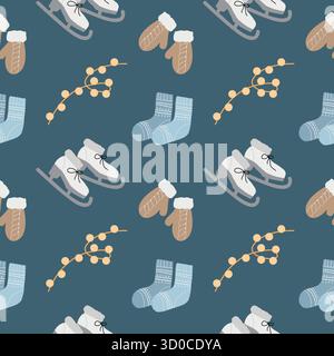 Seamless pattern with winter accessories. Hand-drawn cozy winter background with ice skates, mittens, knitted socks, and garland. Christmas flat vector illustration on a blue background. Stock Vector