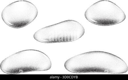 Vector noisy gradient shapes with grainy texture isolated on white background. Stipple liquid water drops with sandy shadows. Stock Vector