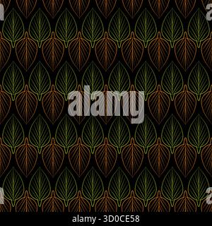 Leaves neon bright seamless pattern. Halloween holiday floral decor. Green and orange leaves skeleton on black background vector illustration. Linear Stock Vector