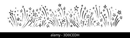 Hand drawn pencil firework background. Simple childish kid crayon drawing. Salute explosion sketch vector illustration. New year, Christmas, birthday, Stock Vector