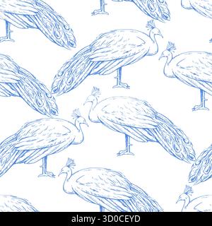 Seamless pattern with beautiful peacock male in engraving style. Vintage ink illustration for decor and textile. Stock Vector