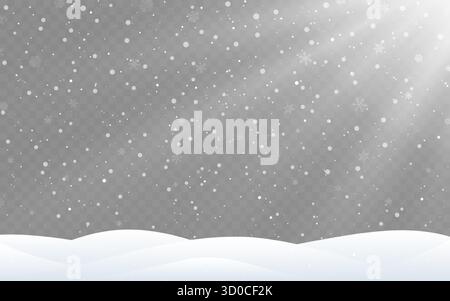 Snow background. Falling snowflakes shimmer in sun rays. Christmas snowfall texture. Winter landscape with snowdrifts. Sparkling snow effect for greet Stock Vector