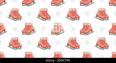 Seamless cartoon ice skates pattern with snowflakes. Vector winter activity hand drawn background.  Stock Vector