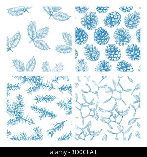 Christmas seamless pattern with pine cones and juniper. Monochrome vector illustration in engraving style. Stock Vector