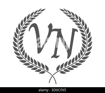 Initial letter V and N, VN monogram logo design with laurel wreath. Luxury emblem with calligraphy font. Stock Vector