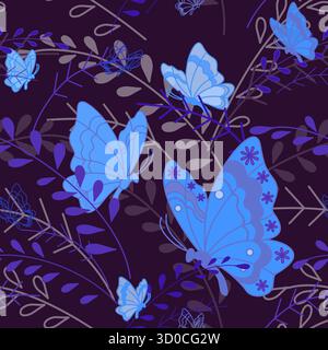 Dark blue butterfly vector seamless pattern. Night butterflies vector art line illustration. Calm background classic style in dark colors. Decor for h Stock Vector