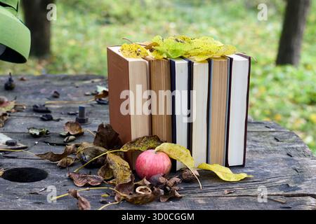 A stack of books on a wooden table with autumn leaves, walnuts, and an apple, creating a cozy and seasonal reading setting. Stock Photo