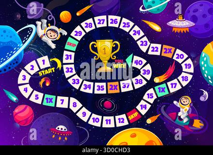 Kid space board step game with snake path or ladder maze, cartoon vector boardgame worksheet. Step game with snake path and kid astronauts with galaxy rockets for start and finish numbers dice game Stock Vector