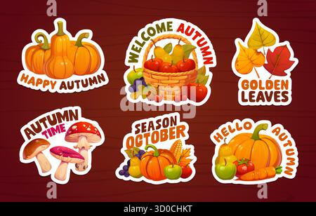 Thanksgiving holiday vector stickers pack or autumn gift tags and product labels with orange pumpkins. Harvest vegetables, juicy fruits anf forest mushrooms with fall quotes for Thanksgiving stickers Stock Vector