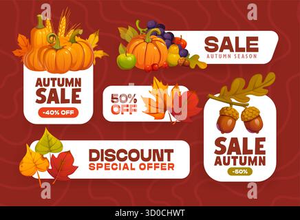 Autumn season sale and discount tag labels, oak acorns and autumn leaves, pumpkins, grapes and apples. Fall season shop discount, festive packaging or holiday advertisement for autumn sale vector tags Stock Vector