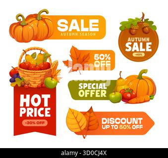 Autumn seasonal sale tags and vector labels with ripe pumpkins, vegetables, fruits and scattered fall leaves. Seasonal discounts, shop promotions and fall sales advertising tags and promo offer labels Stock Vector