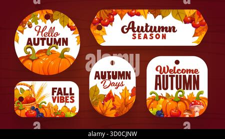Thanksgiving sale and seasonal discount tag labels with ripe pumpkins, fruits, vegetables and corn cobs. Autumn leaves and berries for Thanksgiving advertising, retail discount and vector store tags Stock Vector