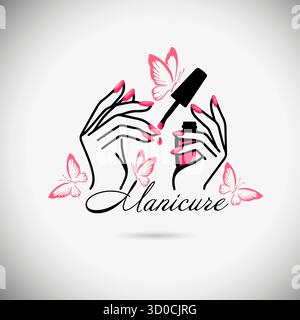 Butterfly manicure logo. Nail polish or nail salon logo design template with creative concept. Hand drawn. Not AI, vector illustration Stock Vector