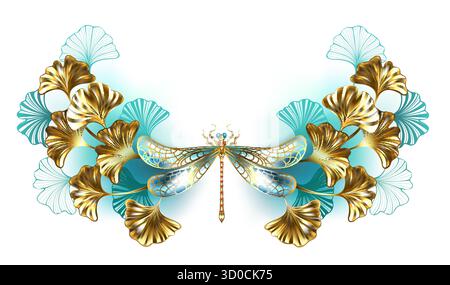 Symmetrical frame of Ginkgo biloba branches with gold and turquoise leaves, decorated with gold jewelry dragonfly on white background. Golden dragonfl Stock Vector