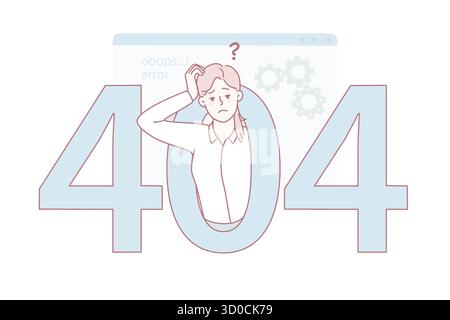 Confused woman experience 404 error on computer. Frustrated unhappy female employee have mistake message on gadget. Page not found. Vector illustration. Stock Vector