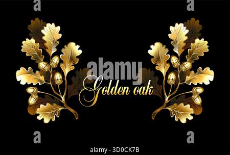 Symmetrical frame of gold, jewelry oak branches, shiny acorns, and sparkling leaves on black background. Golden oak. Stock Vector