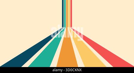 Retro abstract rainbow background with wavy lines and curved colorful rays. Groovy 70s pattern inspired by hippie sunshine style, vintage vector Stock Vector
