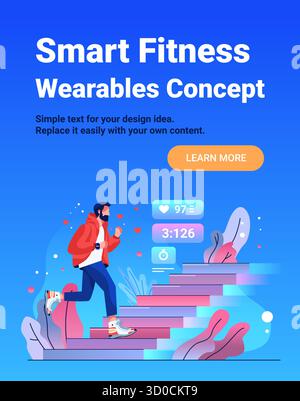 Smart fitness wearables concept man running up colorful stairs health tracking data modern technology abstract background website banner Stock Vector