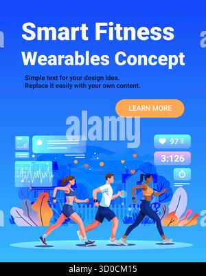 Smart fitness wearables concept people running outdoor tracking health data colorful interface modern technology UI elements blue background Stock Vector