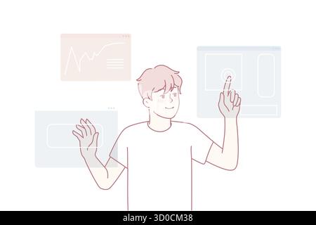 Man designer use touchpad access personal identification. Male using creative digital app interface. Web design and technology. Vector illustration. Stock Vector