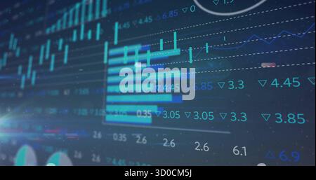 Displaying interface on screen showing bar charts, line graphs, numerical labels, circular segments Stock Photo