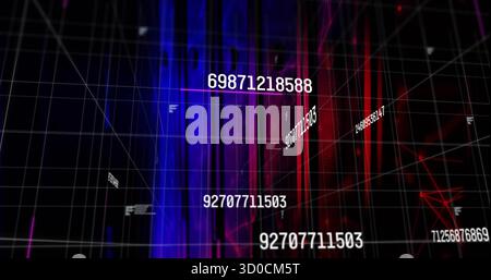 Displaying floating numeric strings over white grid in cyberspace, data streams and network lines Stock Photo