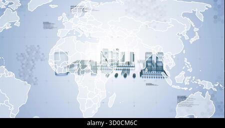 Displaying industrial complex schematics on world map grid with hex patterns and data annotations Stock Photo