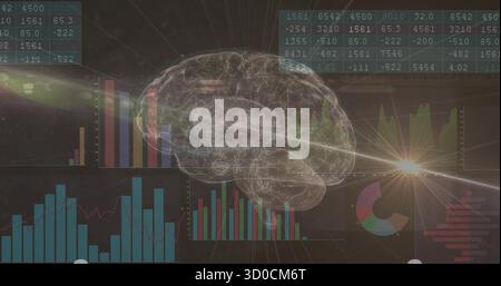 Floating 3D brain hologram over analytics interface, with interactive visualizations and lens flare Stock Photo