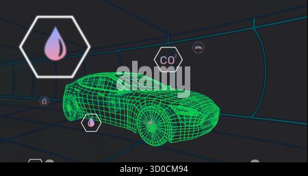 Rendering green wireframe car model rotating in cyan grid simulation, with droplet and CO? overlays Stock Photo