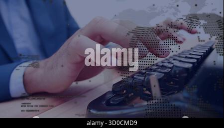 Blue-sleeved hands typing code on mechanical keyboard at office desk, with world map overlay Stock Photo