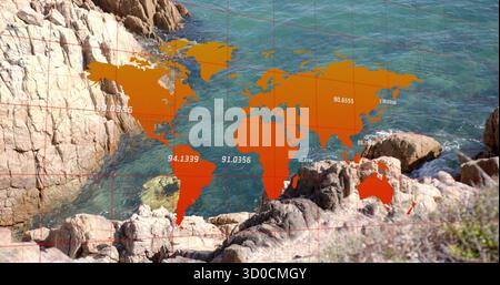 Displaying orange world map overlaying rocky coastal shoreline, showing red grid and numeric labels Stock Photo