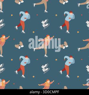 Vector illustration of people skating, seamless pattern for Christmas or New Year. Winter sports. Vector flat illustration on a blue background. Winter attributes skates, mittens. Stock Vector