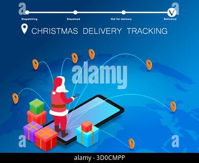 Christmas delivery, Santa Claus tracking gift box on global Earth map Stock Vector