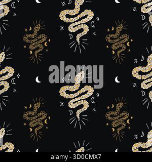 Seamless Pattern with Mystical Golden Snake with Moon, Stars on Black Background. Elegant Repeating Cosmic Textured Hand Drawing. Vector illustration Stock Vector