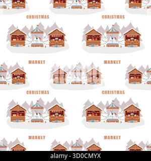 Seamless vector pattern with a festive carousel with horses and market stalls. Christmas winter fair. Nostalgic carnival background. The inscription Christmas Market. Vector flat illustration on a white background. Stock Vector