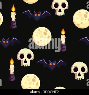 Halloween seamless pattern with skulls, bats, candles and moon Stock Vector