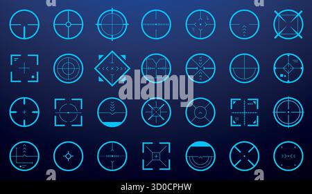 Target aim UI. Shooting focus crosshair, HUD sniper weapon accuracy sight, circle round square gun range optical mark. Vector military game interface Stock Vector