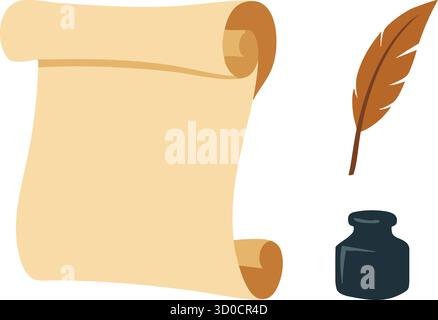 A vintage writing scene shows a blank rolled scroll beside a feather pen and inkwell in warm colors Stock Vector