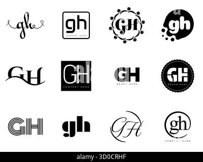 GH logo company template. Letter g and h logotype. Set different classic serif lettering and modern bold text with design elements. Initial font typog Stock Vector
