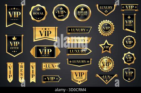 VIP luxury labels. Golden premium quality badges and stickers, elegant frame design elements for certificate, scroll and award. Vector luxurious isola Stock Vector