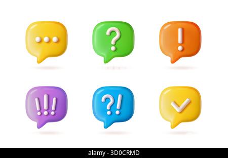 3D speech bubble set. Rendered icons with question mark, exclamation point, and check mark. Warning and frequently asked questions. Plasticine vector Stock Vector