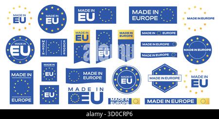 Made in EU sticker. Quality product guarantee label, European Union flag circle square badge. Vector emblem for certified European manufacturing goods Stock Vector